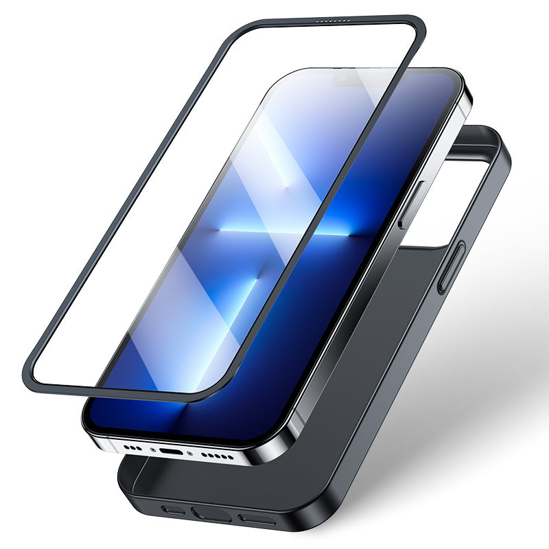Dėklo dangtelis iPhone 13 Pro, galinis ir priekinis dangtelis + grūdintas stiklas, juodas