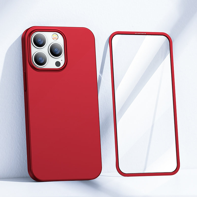 Dėklas iPhone 13 Pro, galinis ir priekinis dangtelis + grūdintas stiklas, raudonas