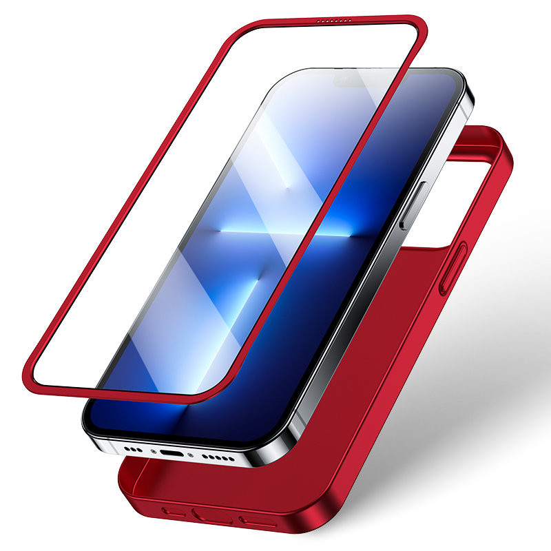 Dėklas iPhone 13 Pro, galinis ir priekinis dangtelis + grūdintas stiklas, raudonas