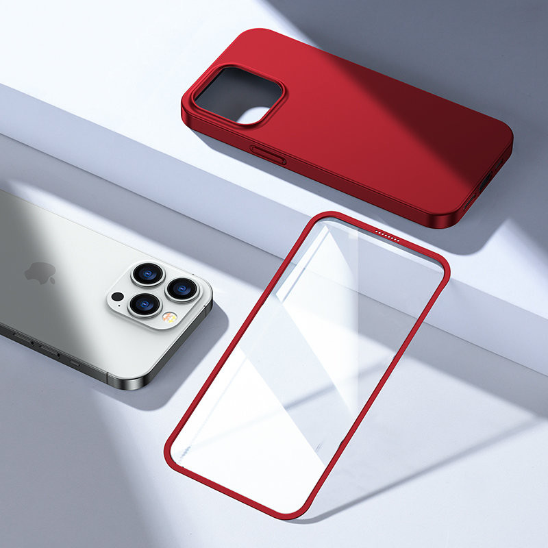Dėklas iPhone 13 Pro, galinis ir priekinis dangtelis + grūdintas stiklas, raudonas