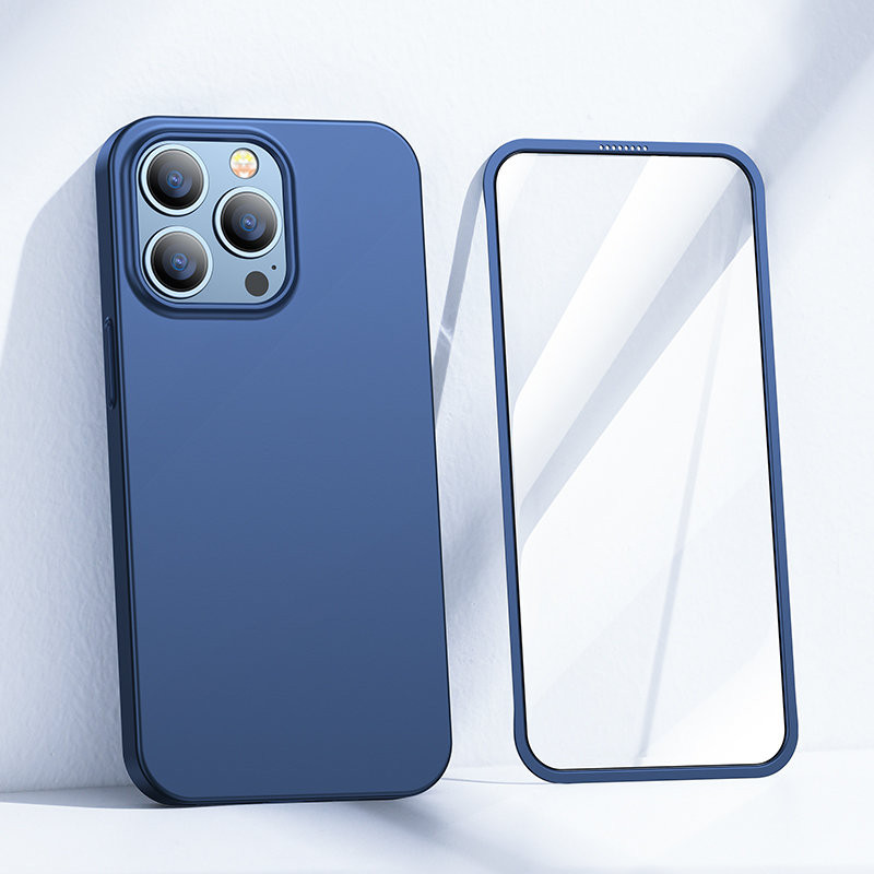 Dėklas iPhone 13 Pro, galinis ir priekinis dangtelis + grūdintas stiklas, mėlynas