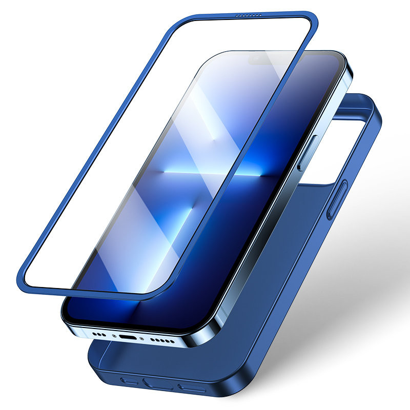 Dėklas iPhone 13 Pro, galinis ir priekinis dangtelis + grūdintas stiklas, mėlynas