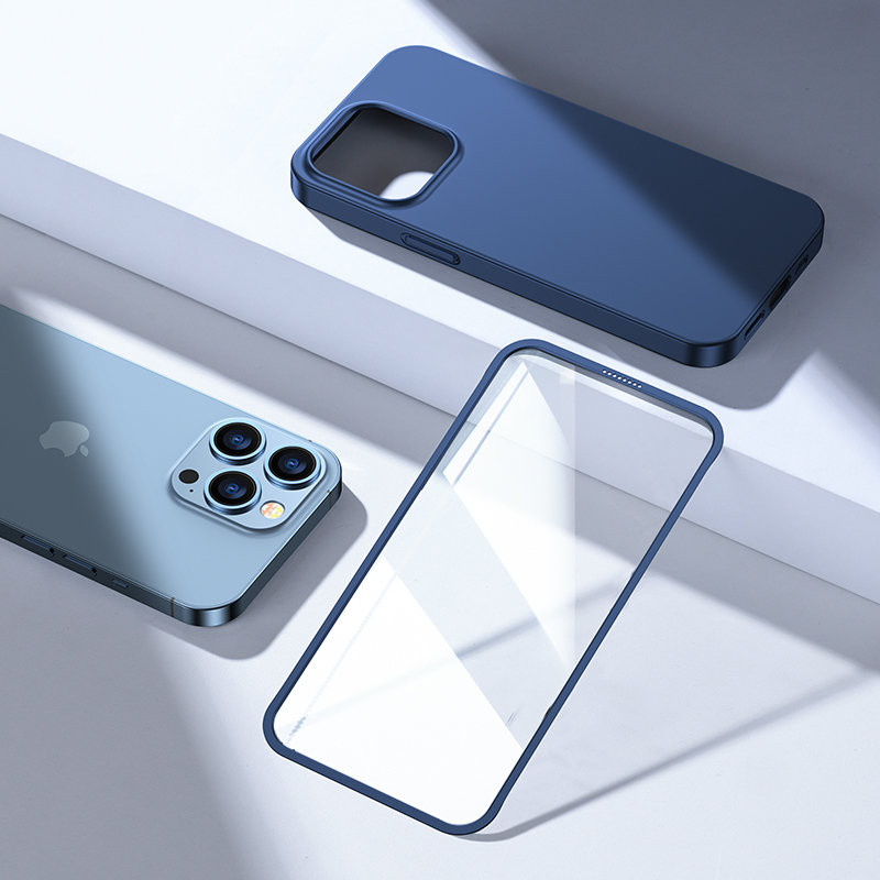 Dėklas iPhone 13 Pro, galinis ir priekinis dangtelis + grūdintas stiklas, mėlynas