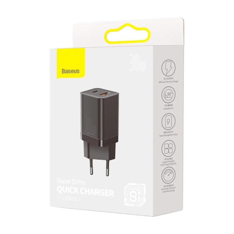 Greitas USB įkroviklis USB-C 30W PD QC Super Si Pro juodas
