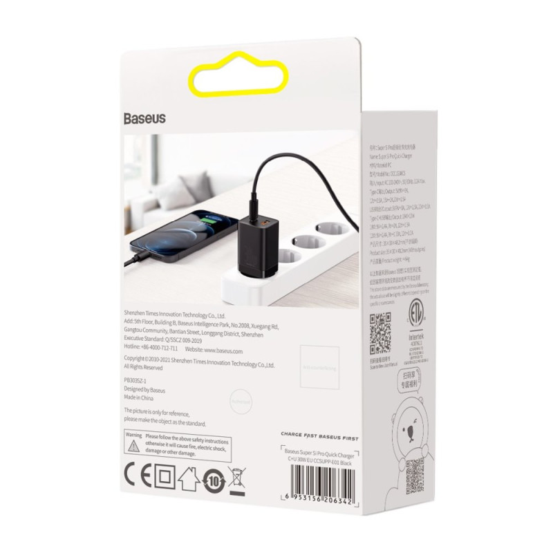 Greitas USB įkroviklis USB-C 30W PD QC Super Si Pro juodas