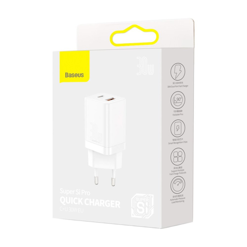 Greitas USB įkroviklis USB-C 30W PD QC Super Si Pro balta