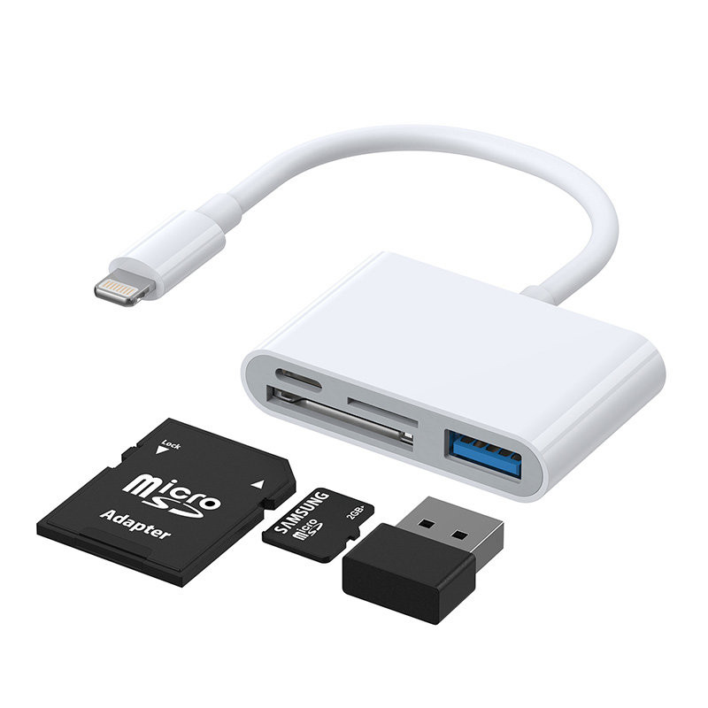 
HUB kortelių skaitytuvo adapteris iPhone OTG Lightning - USB SD TF kortelių skaitytuvas baltas
