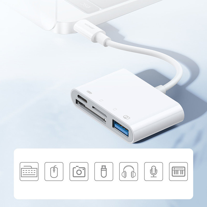 HUB kortelių skaitytuvo adapteris iPhone OTG Lightning - USB SD TF kortelių skaitytuvas baltas