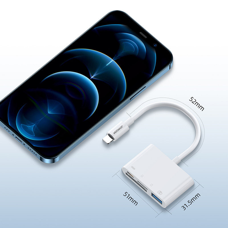 HUB kortelių skaitytuvo adapteris iPhone OTG Lightning - USB SD TF kortelių skaitytuvas baltas