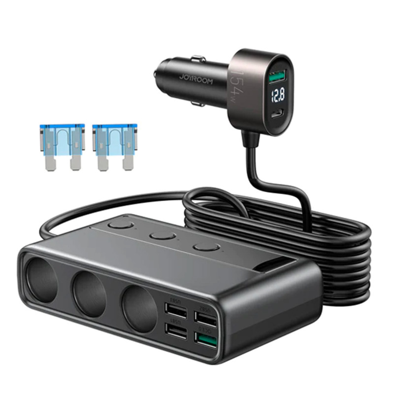 
9in1 automobilinio įkroviklio skirstytuvas 5x USB 1x USB-C 3x cigarečių degiklio lizdas PD QC juodas
