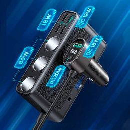
9in1 automobilinio įkroviklio skirstytuvas 5x USB 1x USB-C 3x cigarečių degiklio lizdas PD QC juodas
