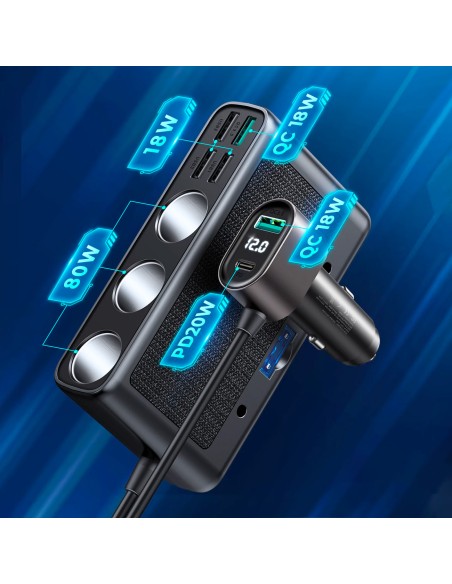 
9in1 automobilinio įkroviklio skirstytuvas 5x USB 1x USB-C 3x cigarečių degiklio lizdas PD QC juodas
