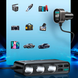 
9in1 automobilinio įkroviklio skirstytuvas 5x USB 1x USB-C 3x cigarečių degiklio lizdas PD QC juodas
