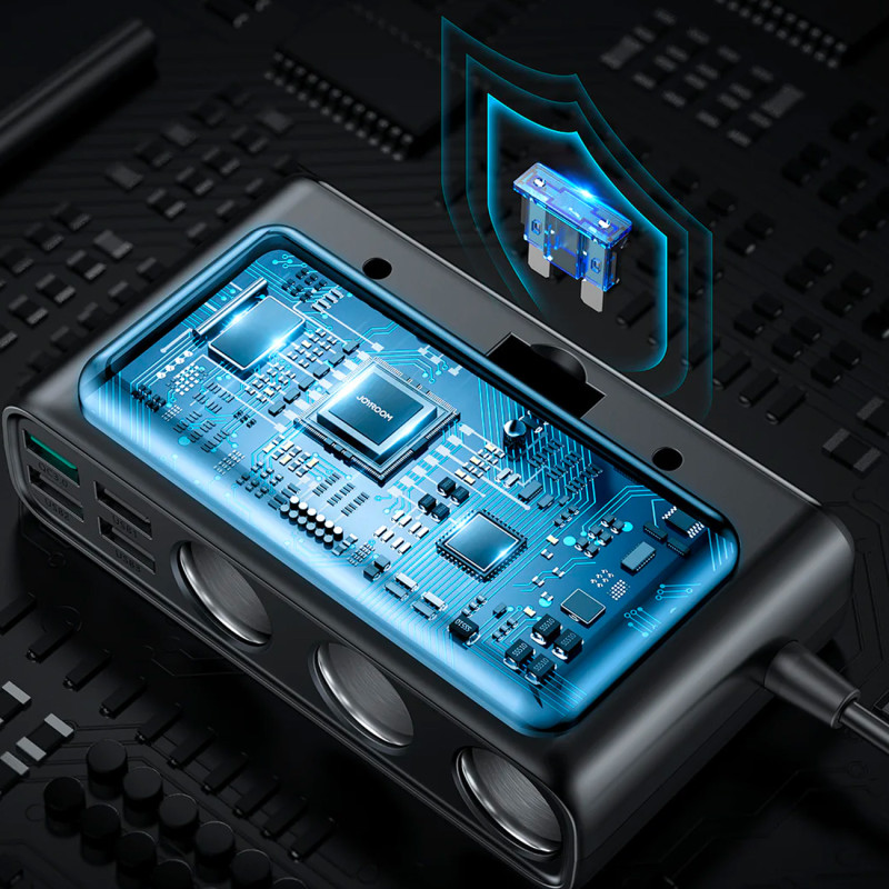 
9in1 automobilinio įkroviklio skirstytuvas 5x USB 1x USB-C 3x cigarečių degiklio lizdas PD QC juodas
