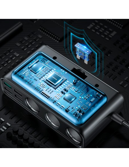 
9in1 automobilinio įkroviklio skirstytuvas 5x USB 1x USB-C 3x cigarečių degiklio lizdas PD QC juodas
