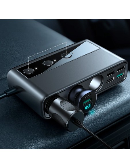 
9in1 automobilinio įkroviklio skirstytuvas 5x USB 1x USB-C 3x cigarečių degiklio lizdas PD QC juodas

