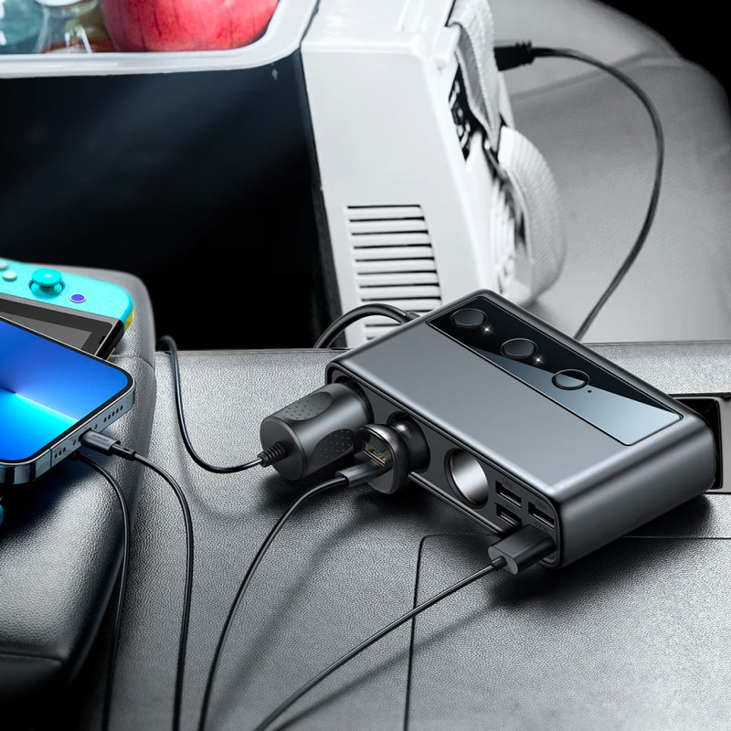 
9in1 automobilinio įkroviklio skirstytuvas 5x USB 1x USB-C 3x cigarečių degiklio lizdas PD QC juodas

