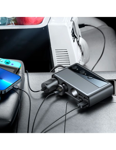 
9in1 automobilinio įkroviklio skirstytuvas 5x USB 1x USB-C 3x cigarečių degiklio lizdas PD QC juodas
