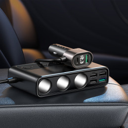 
9in1 automobilinio įkroviklio skirstytuvas 5x USB 1x USB-C 3x cigarečių degiklio lizdas PD QC juodas
