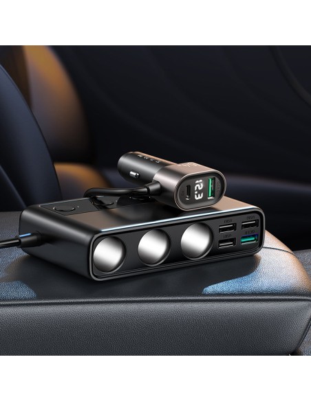 
9in1 automobilinio įkroviklio skirstytuvas 5x USB 1x USB-C 3x cigarečių degiklio lizdas PD QC juodas
