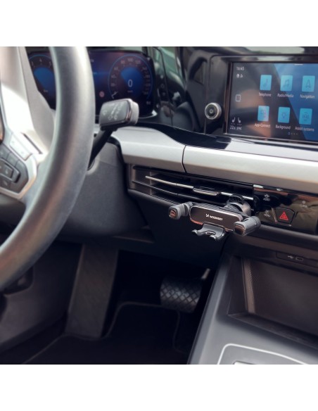 Juodas gravitacinis telefono laikiklis grotelėms automobilyje