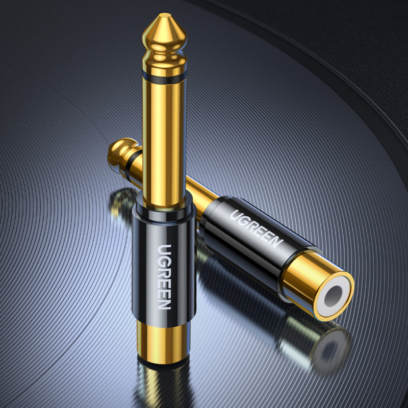 Adapterio kištuko lizdo adapteris 6,35 mm vyriškas ir RCA moteriškas auksinis