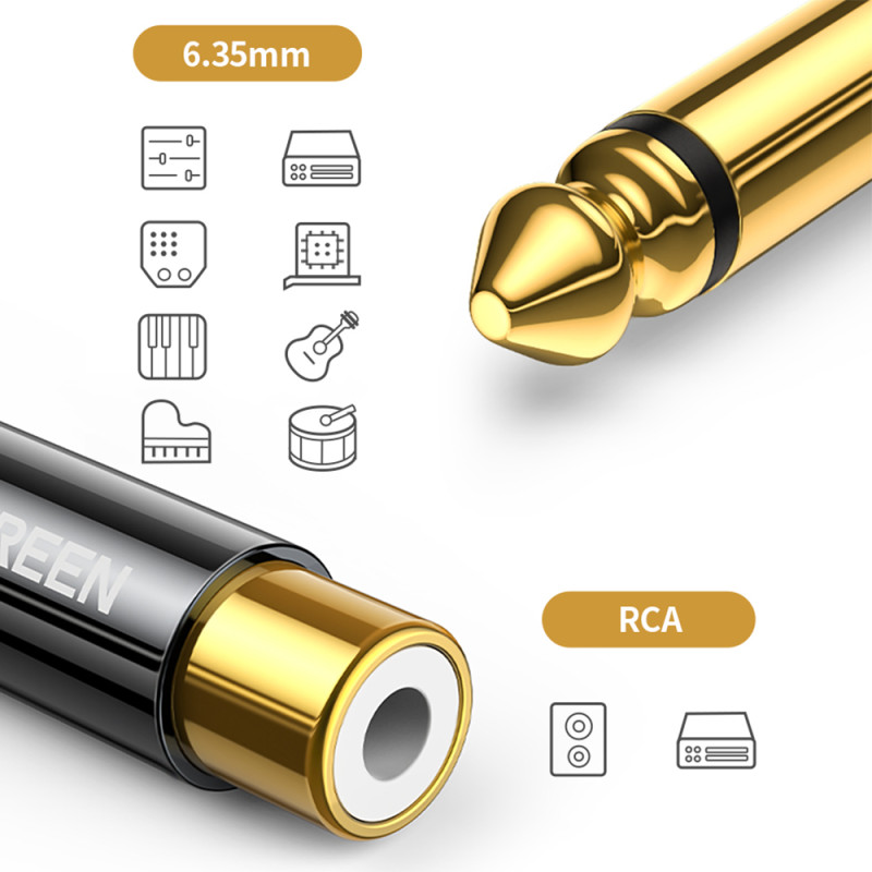 Adapterio kištuko lizdo adapteris 6,35 mm vyriškas ir RCA moteriškas auksinis