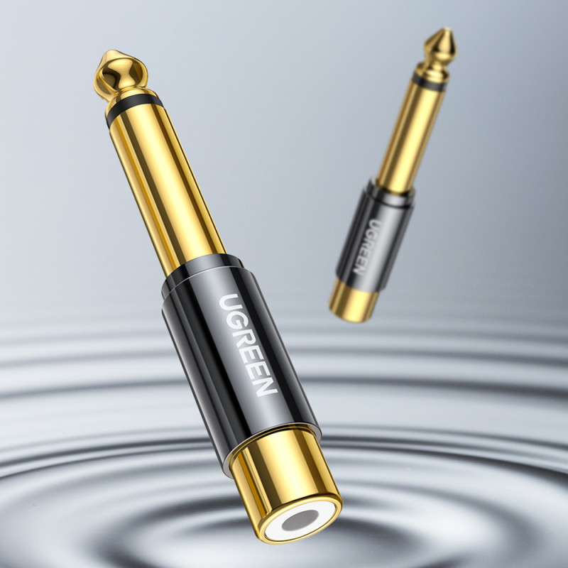 Adapterio kištuko lizdo adapteris 6,35 mm vyriškas ir RCA moteriškas auksinis