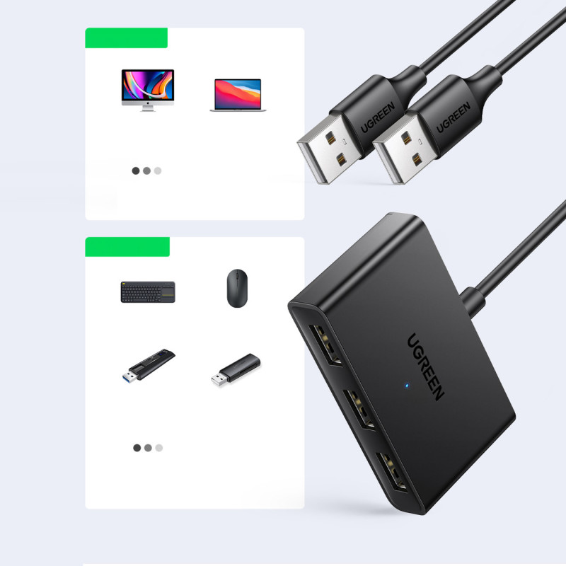 Jungiklio adapterio perjungimo dėžutė USB 2 įėjimai - 3 išėjimai juodi