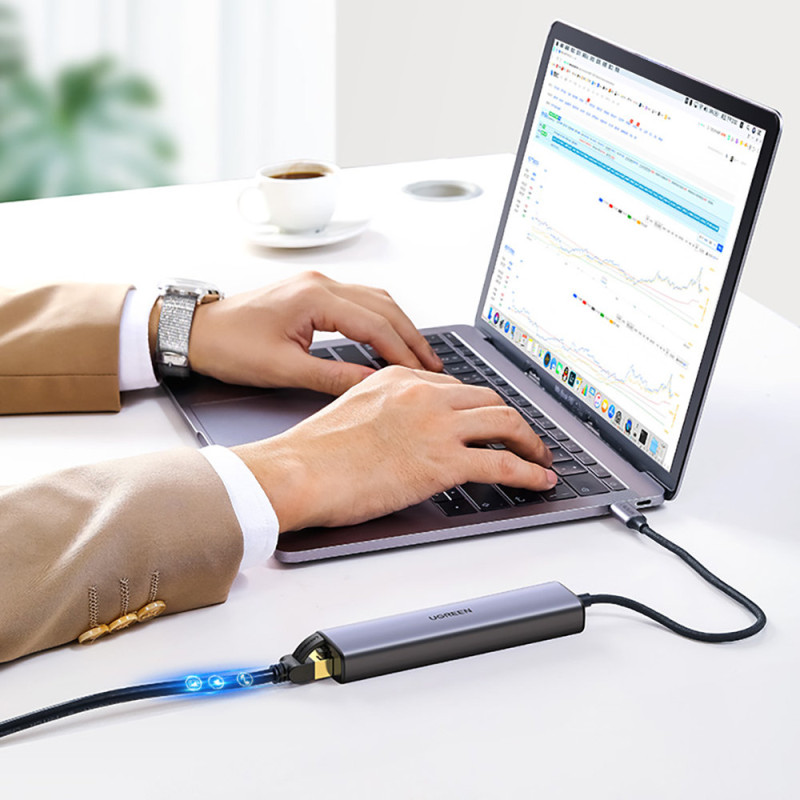 Daugiafunkcis HUB adapteris USB-C skirstytuvas - 3x USB Ethernet RJ-45 USB-C PD pilka