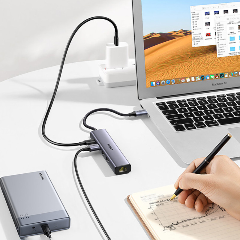 Daugiafunkcis HUB adapteris USB-C skirstytuvas - 3x USB Ethernet RJ-45 USB-C PD pilka