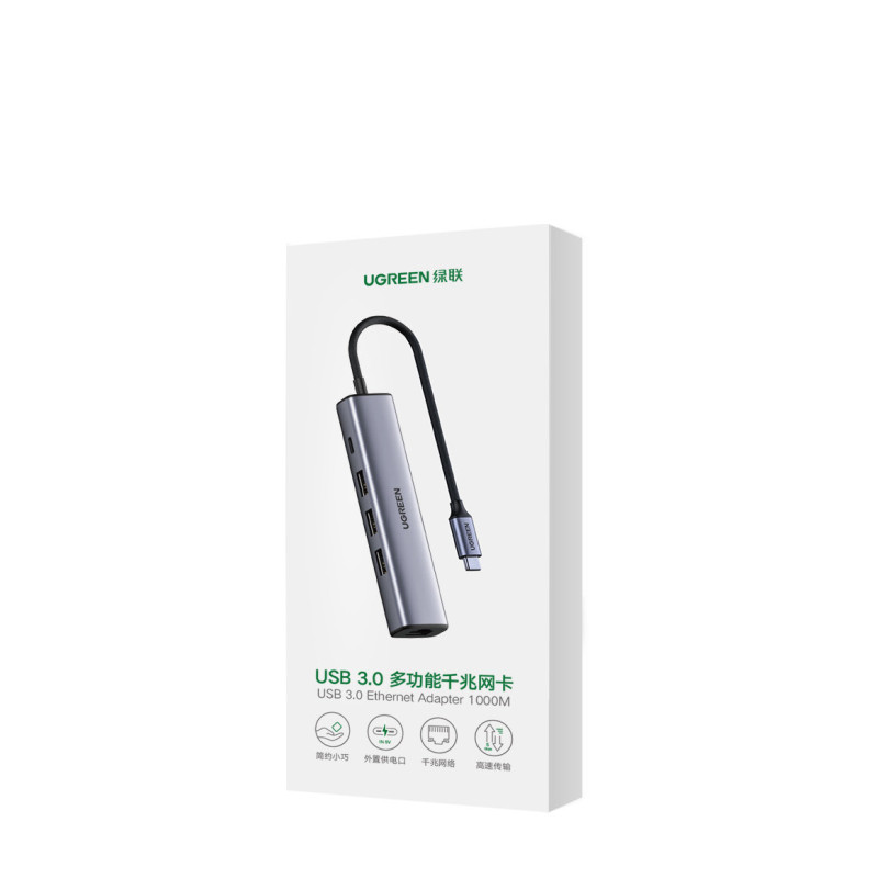 Daugiafunkcis HUB adapteris USB-C skirstytuvas - 3x USB Ethernet RJ-45 USB-C PD pilka