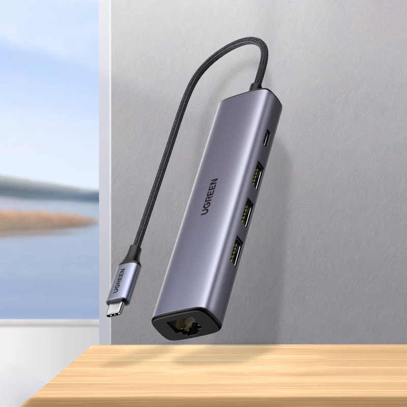 Daugiafunkcis HUB adapteris USB-C skirstytuvas - 3x USB Ethernet RJ-45 USB-C PD pilka