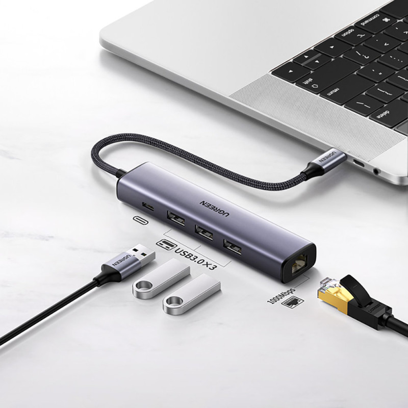 Daugiafunkcis HUB adapteris USB-C skirstytuvas - 3x USB Ethernet RJ-45 USB-C PD pilka