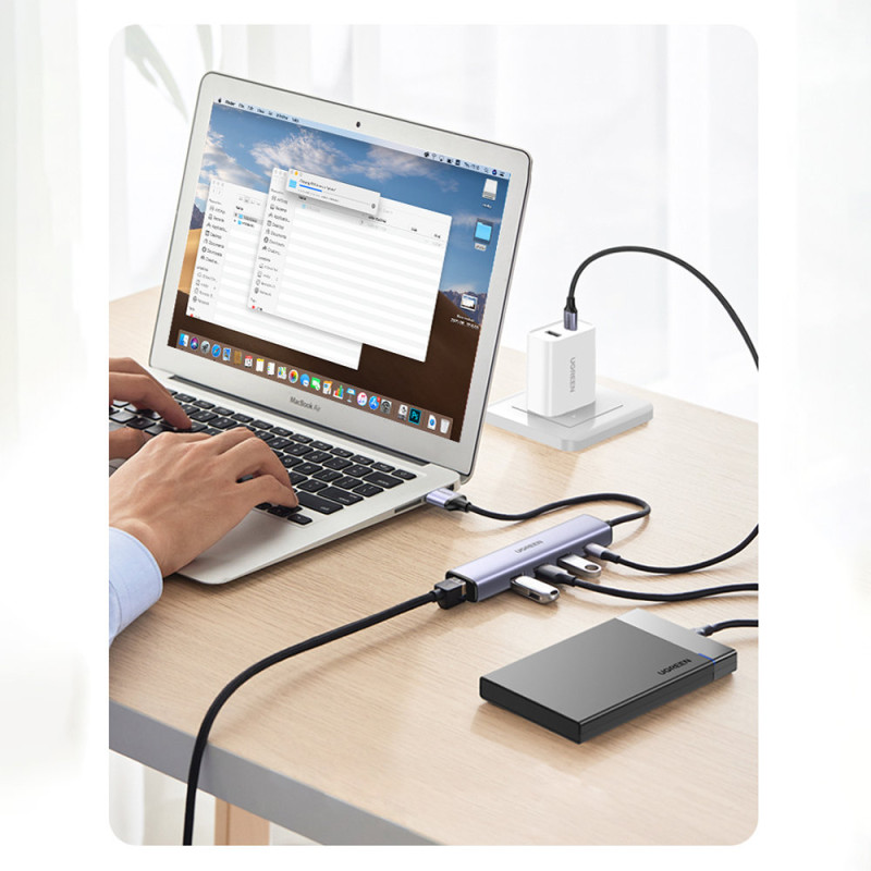Daugiafunkcis HUB adapteris USB-C skirstytuvas - 3x USB Ethernet RJ-45 USB-C PD pilka
