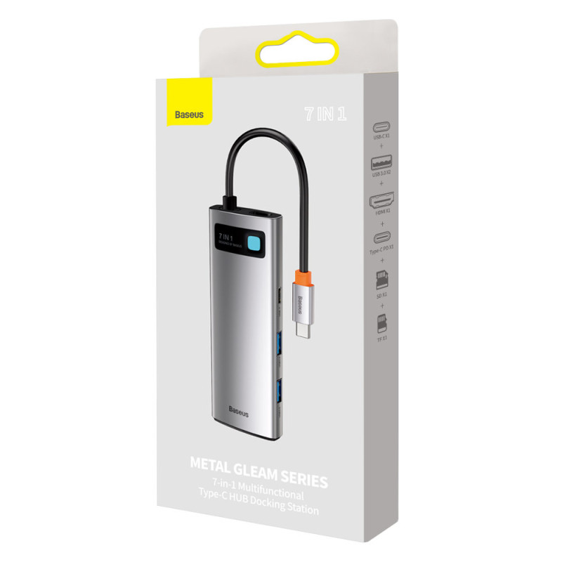 Daugiafunkcis HUB USB 7in1 C tipo HDMI TF PD kortelių skaitytuvas pilkas