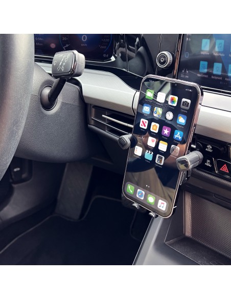 Juodas gravitacinis telefono laikiklis grotelėms automobilyje