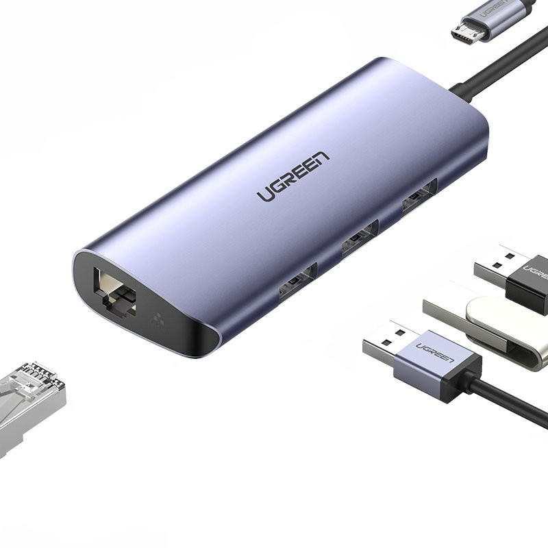 Daugiafunkcis HUB adapteris USB-C skirstytuvas – 3x USB Ethernet RJ-45 micro USB pilka