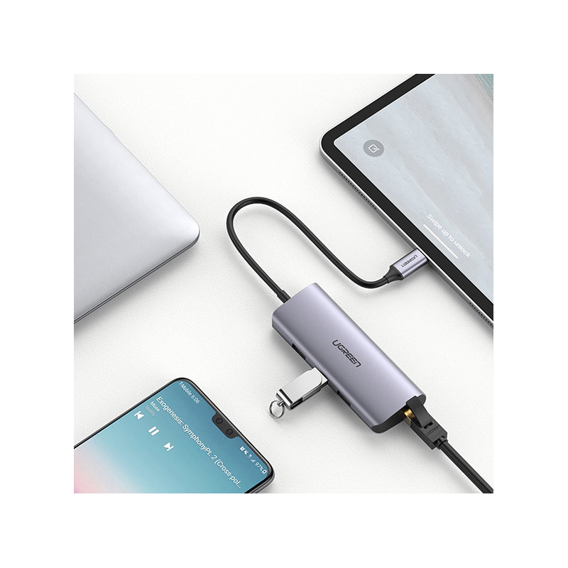 Daugiafunkcis HUB adapteris USB-C skirstytuvas – 3x USB Ethernet RJ-45 micro USB pilka