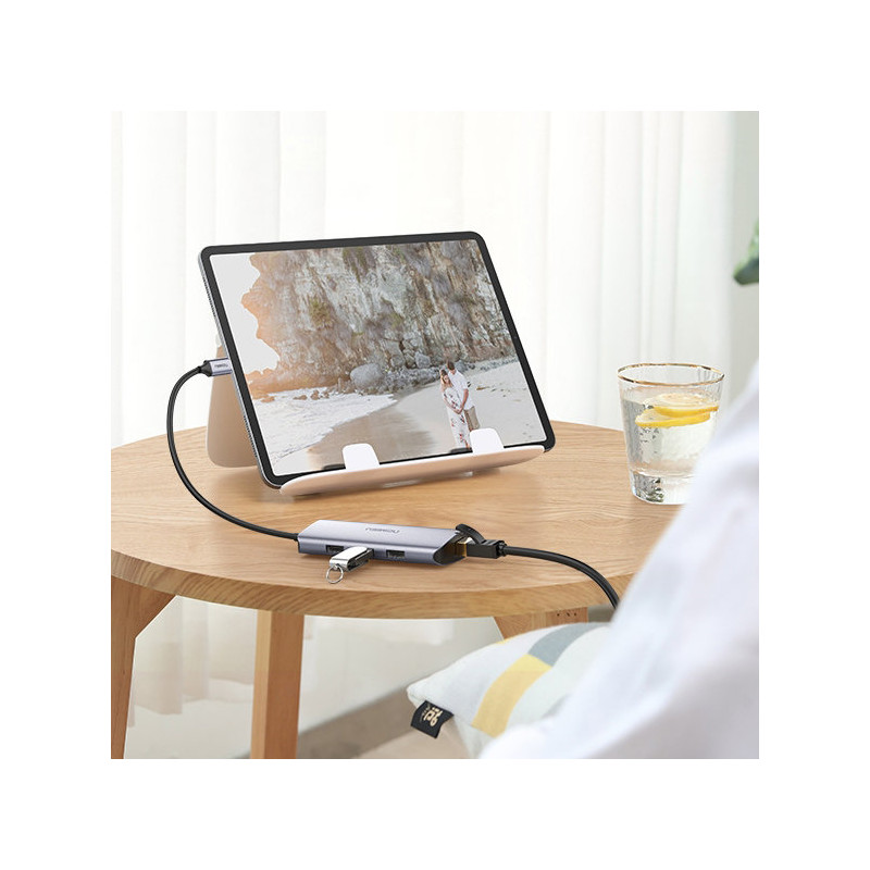 Daugiafunkcis HUB adapteris USB-C skirstytuvas – 3x USB Ethernet RJ-45 micro USB pilka