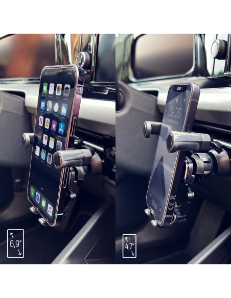 Juodas gravitacinis telefono laikiklis grotelėms automobilyje