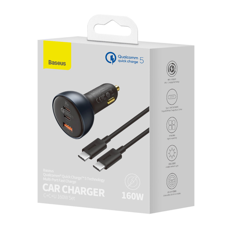 Greitas USB automobilinis įkroviklis USB-C 160W PPS Quick Charge 5 PD pilka
