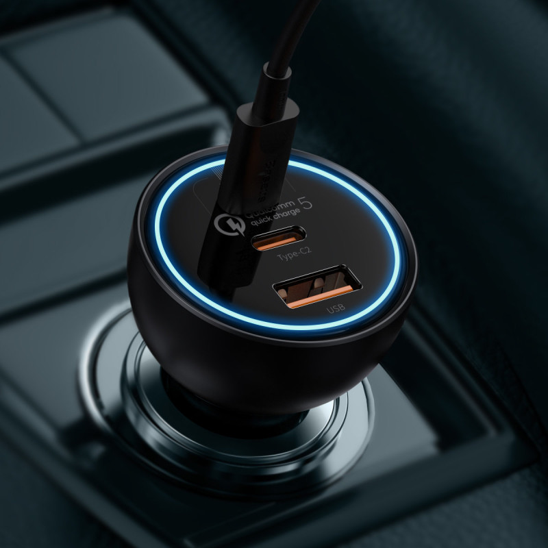 Greitas USB automobilinis įkroviklis USB-C 160W PPS Quick Charge 5 PD pilka