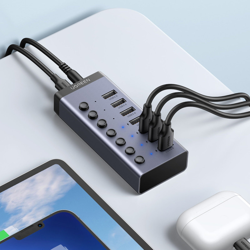 7 viename daugiafunkcis HUB USB-C skirstytuvas – 7x USB 3.0 PD DC 12V pilka