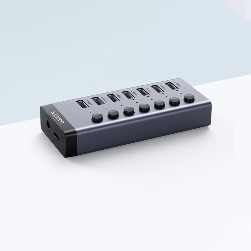 7 viename daugiafunkcis HUB USB-C skirstytuvas – 7x USB 3.0 PD DC 12V pilka