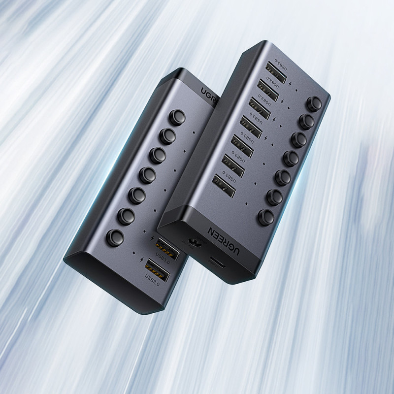 7 viename daugiafunkcis HUB USB-C skirstytuvas – 7x USB 3.0 PD DC 12V pilka