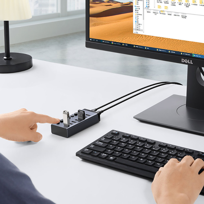 7 viename daugiafunkcis HUB USB-C skirstytuvas – 7x USB 3.0 PD DC 12V pilka