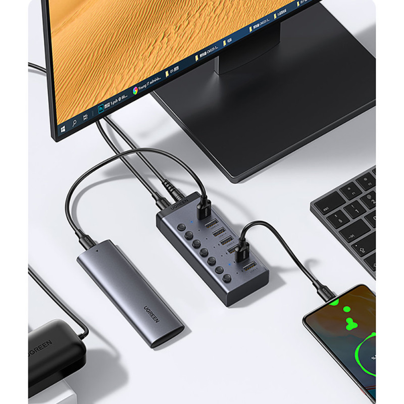 7 viename daugiafunkcis HUB USB-C skirstytuvas – 7x USB 3.0 PD DC 12V pilka