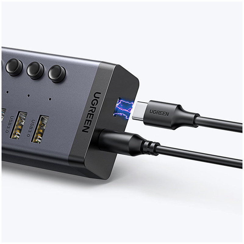 7 viename daugiafunkcis HUB USB-C skirstytuvas – 7x USB 3.0 PD DC 12V pilka