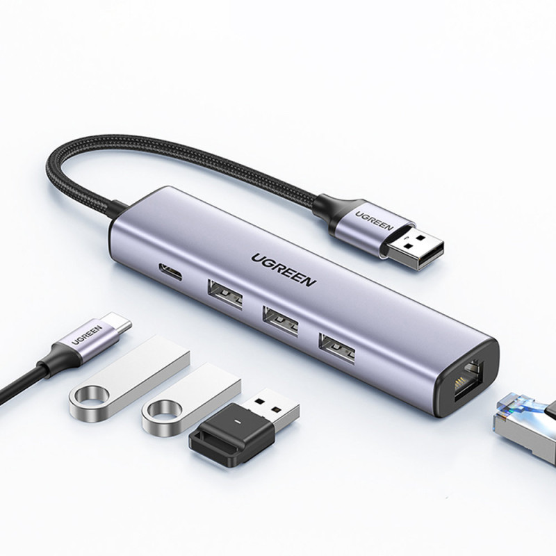
Daugiafunkcis HUB adapterio skirstytuvas USB 3.0 – 3x USB Ethernet RJ-45 USB-C PD pilka
